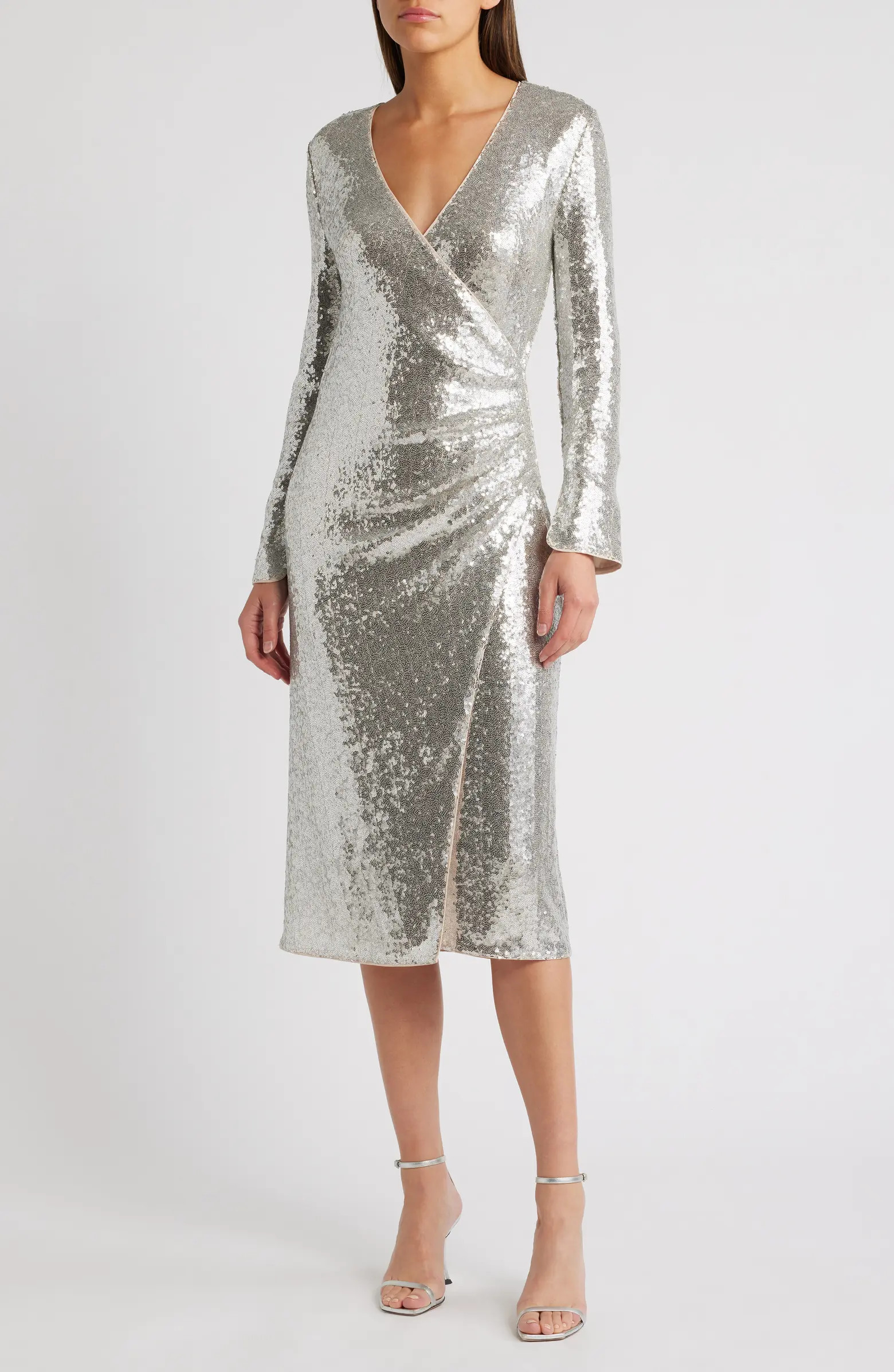 Sequin Long Sleeve Faux Wrap Dress | Nordstrom