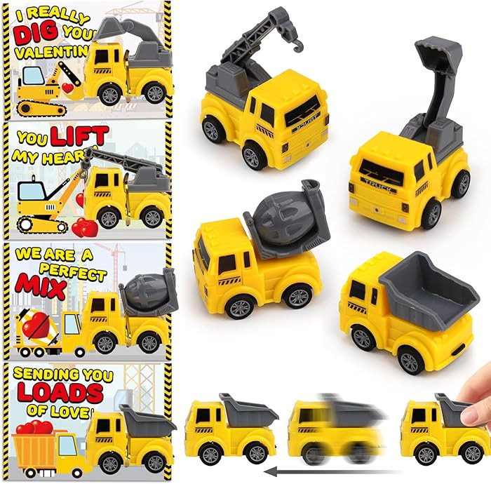 24 Pack Construction Trucks Valentines Day Gifts for Kids School Classroom Funny Pull Back Cars V... | Amazon (US)