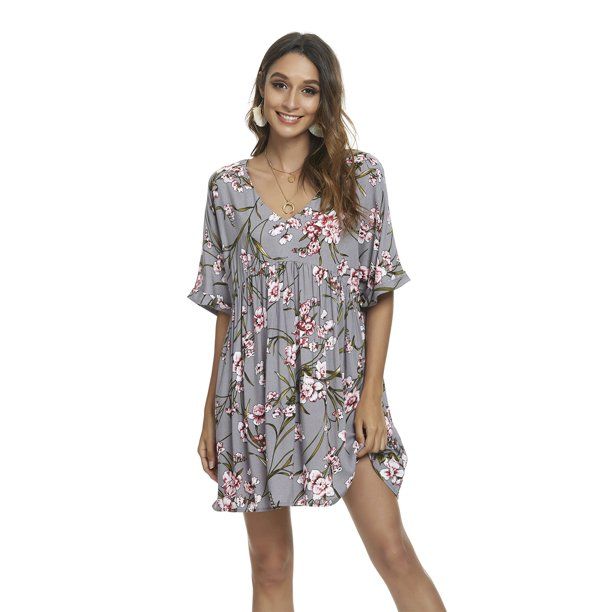 Women's V-Neck Short Sleeves Loose Fit Floral Print Casual Sexy Summer Short Babydoll Maxi Mini D... | Walmart (US)