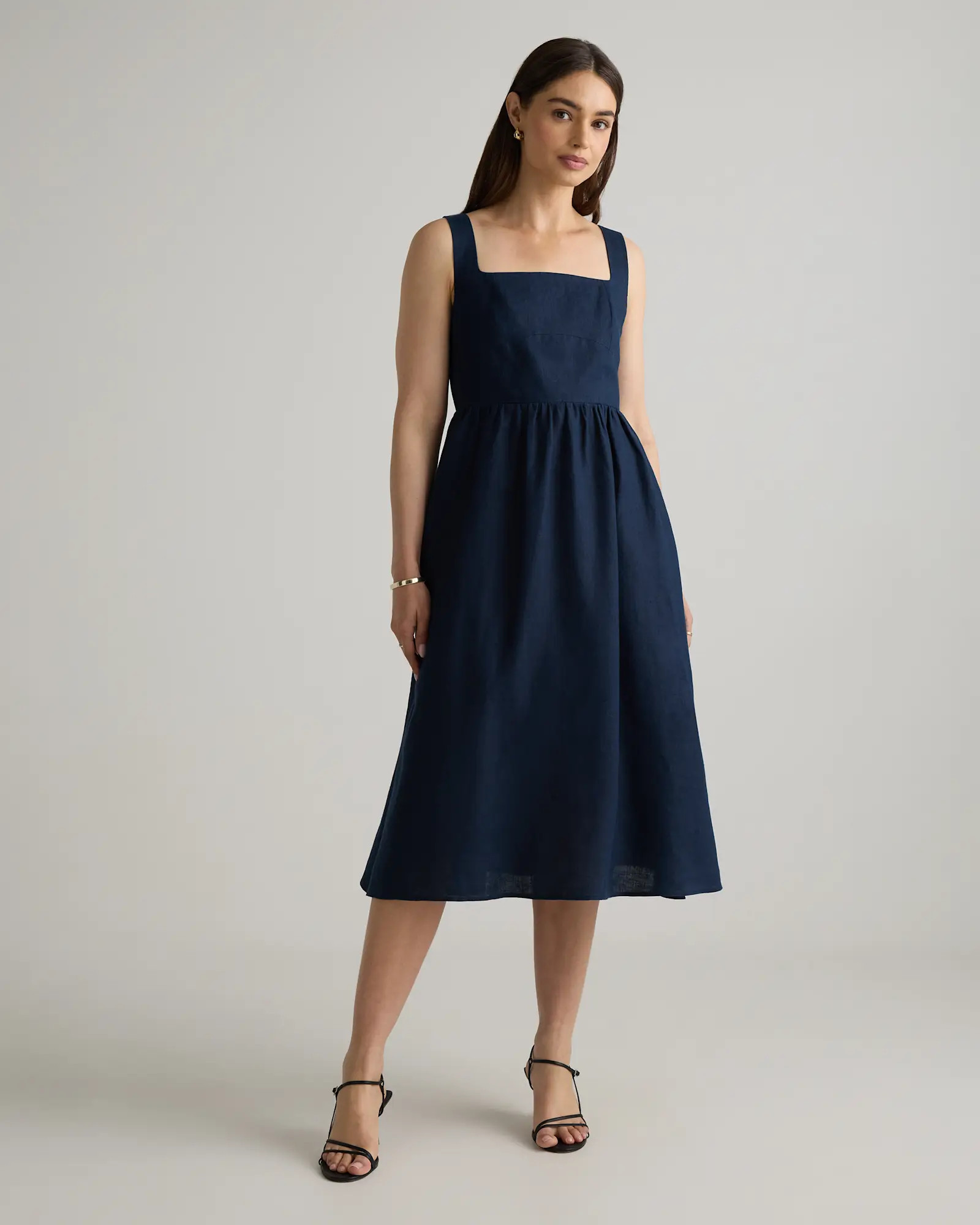 100% European Linen Fit & Flare Midi Dress in Deep Navy | Quince