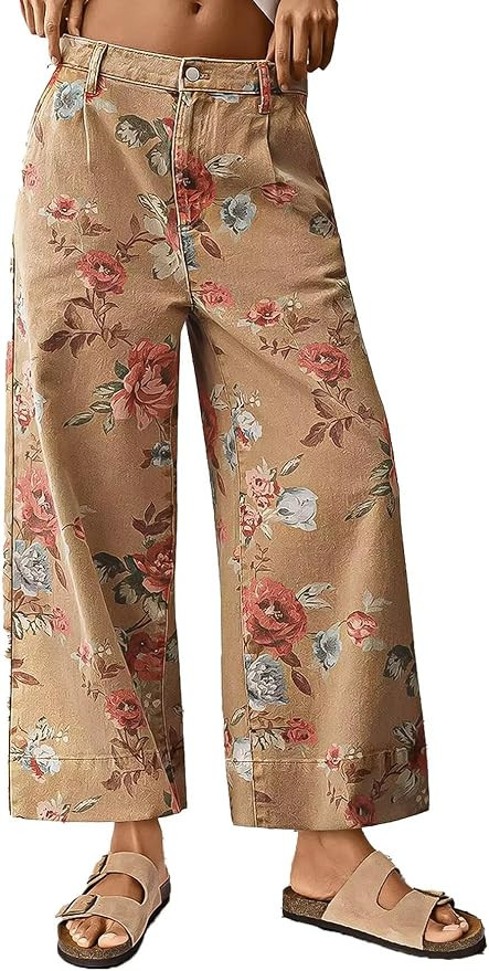 Flamingals Floral Print Wide Leg Cropped Pants for Women Trendy Mid Rise Boho Ankle Cute Jeans | Amazon (US)