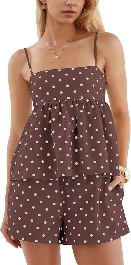 Amazon.com: calbatic Polka Dot 2 Piece Sets for Women Summer Lounge Sleeveless Peplum Top Shorts ... | Amazon (US)