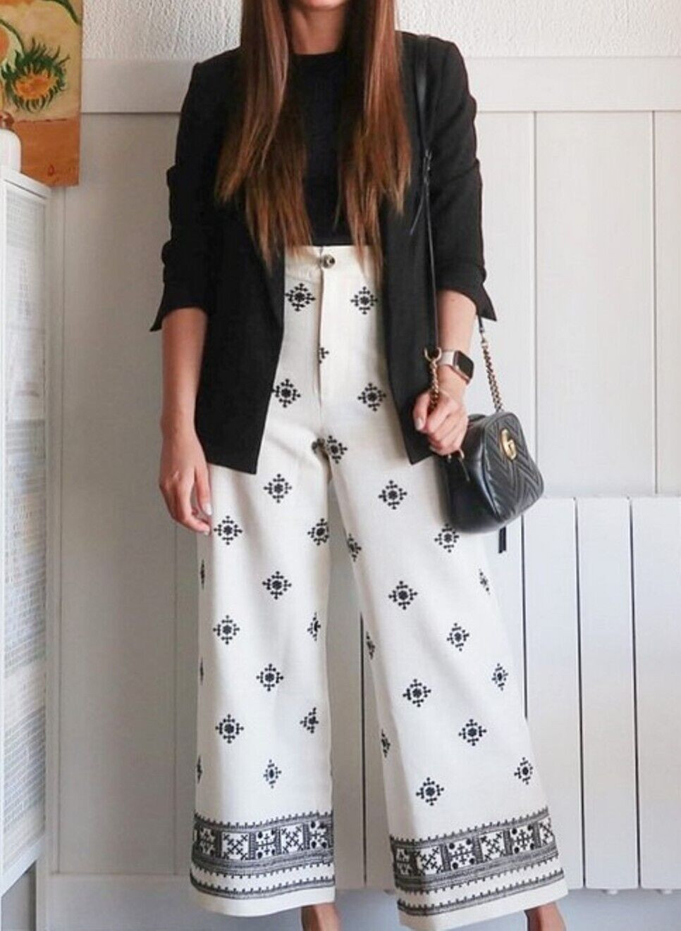 ZARA BLACK WHITE HIGH WAIST AZTEC PRINTED LINEN BLEND TROUSERS WIDE LEG CULOTTES | eBay US
