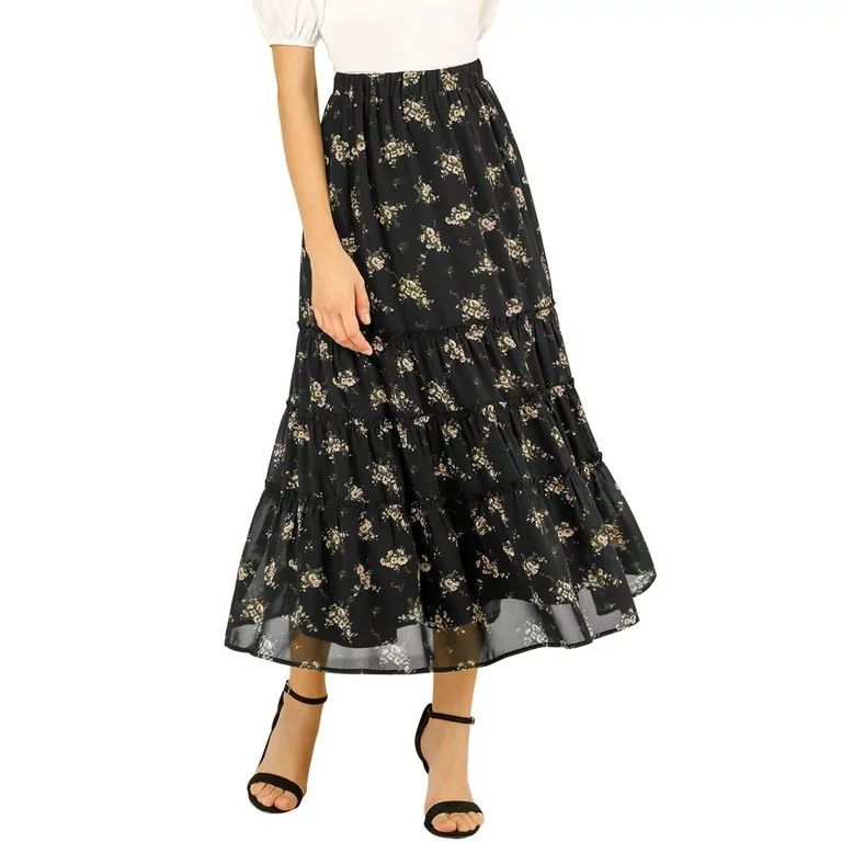 Allegra K Women's Floral Print Elastic Waist Ruffle Maxi Tiered Skirt | Walmart (US)
