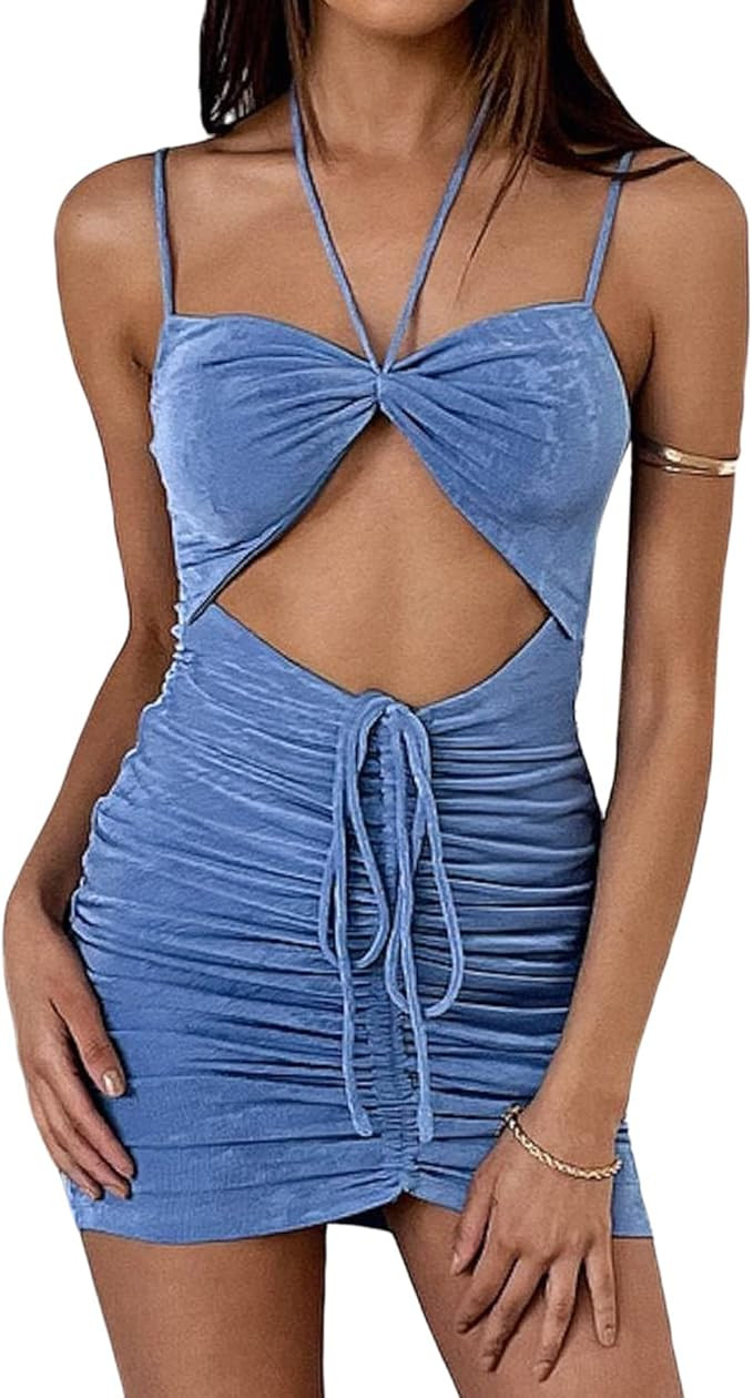 Women's Cut Out Twist Knot Front Ruched Bodycon Dress Crisscross Halter Sleeveless Mini Club Part... | Amazon (US)