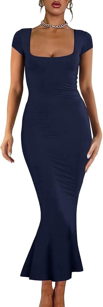 Ezbelle Summer Women's Sexy Bodycon Dress Ribbed Knit Square Neck Midi Dresse Long Cap Sleeve Wor... | Amazon (US)