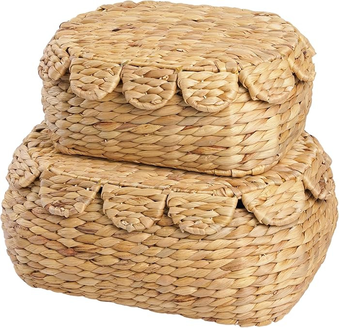 Set of 2 Wicker Storage Baskets with Lid, Rattan Basket Decorative Boxes, Woven Storage Box Hyaci... | Amazon (US)