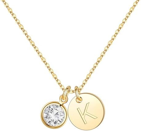 Hidepoo Initial Birthstone Necklace for Girl Women - 14K Gold Plated Disc Letter Necklace Persona... | Amazon (US)