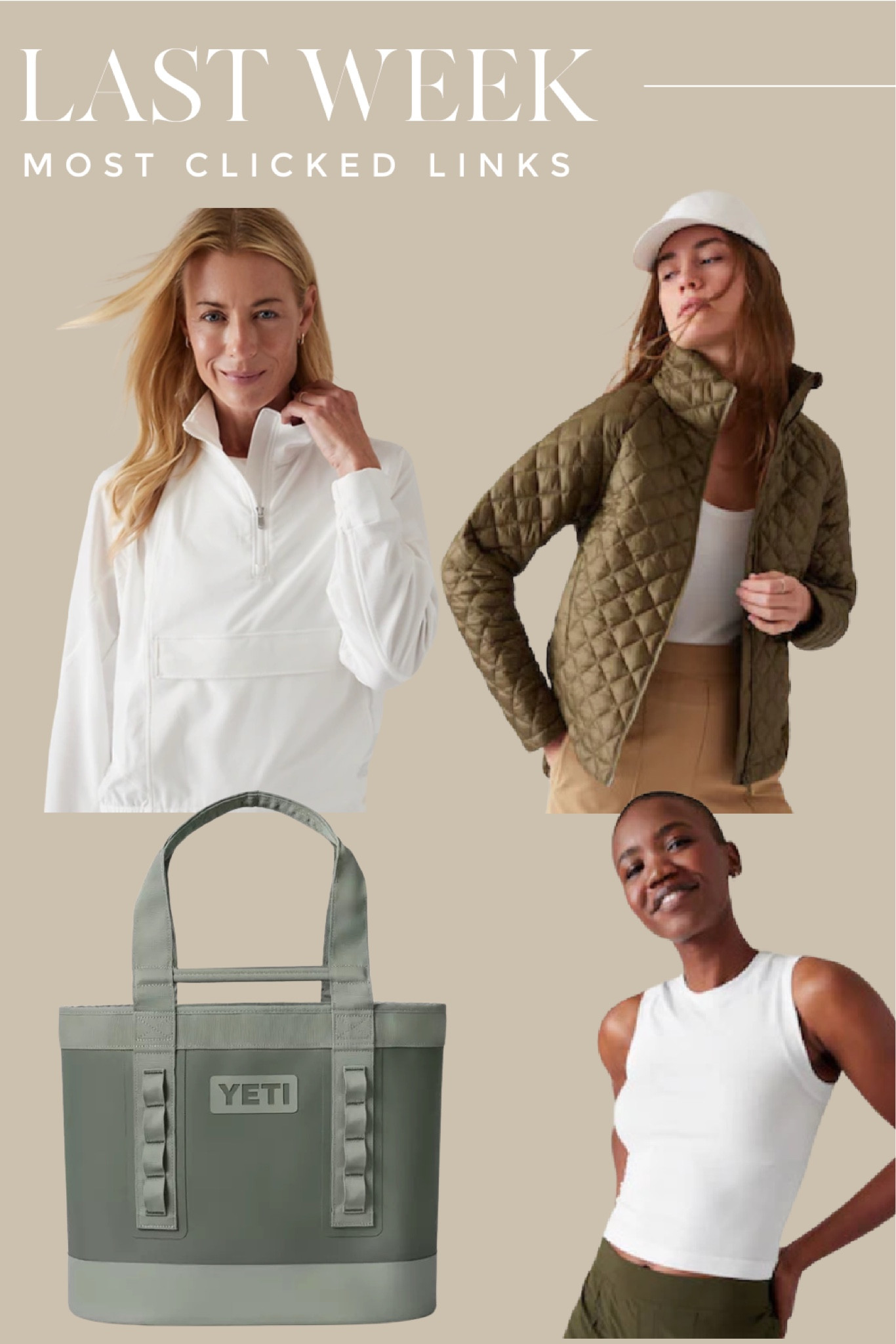 Here’s our most shopped pens from last week!  This quilted puffer jacket is 25% off currently, I bought it! This white pullover is my tennis court go to and the yeti bag is how I carry around my life.  Last but not least the active tank I live in.

Gym outfits for fall | fall outfits | fall jackets | fall puffers | fall favorites | tennis outfits | active outfits | best tote | gifts for her | best sellers


#LTKfitness #LTKGiftGuide #LTKitbag