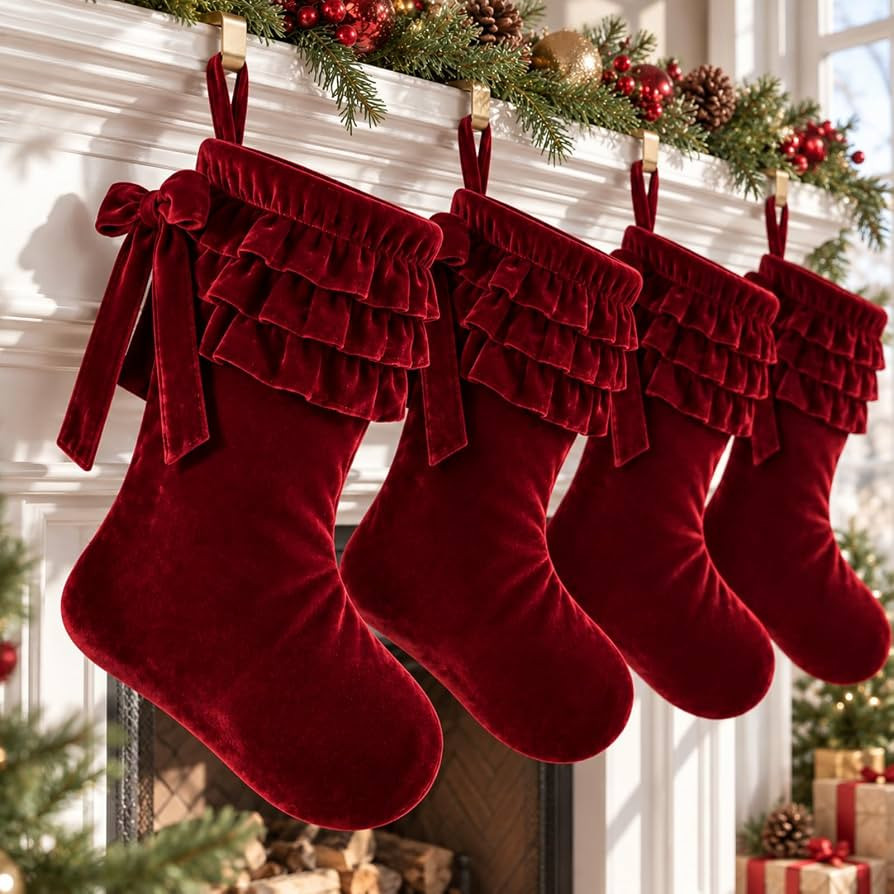 Thenshop 4 Pairs Christmas Burgundy Velvet Bow Stockings | Amazon (US)