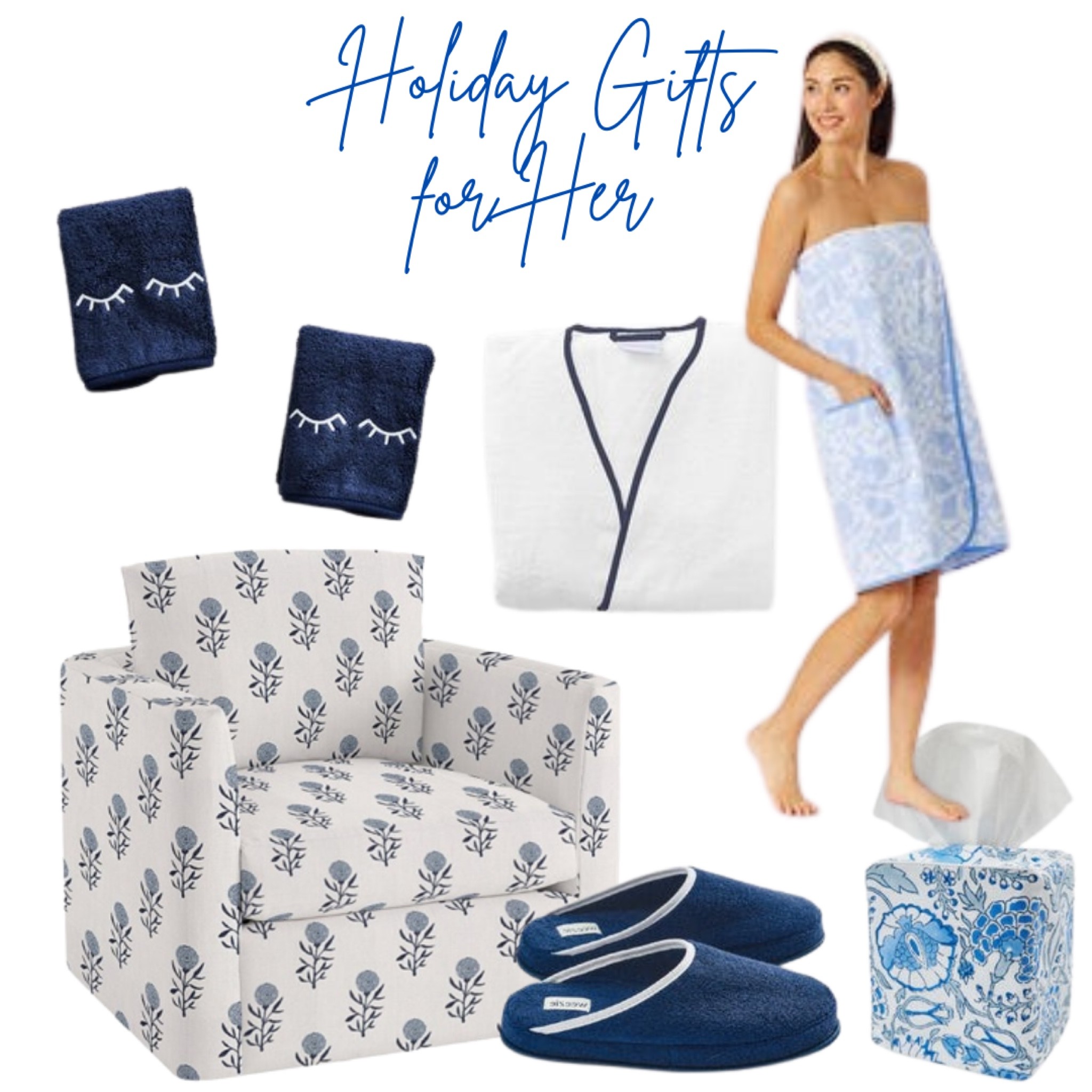 Holiday Gift Guide for Her, 
White pattern club chair, terry woven slippers, robe, bath wrap, tissue cover 

#LTKfamily #LTKstyletip #LTKHoliday