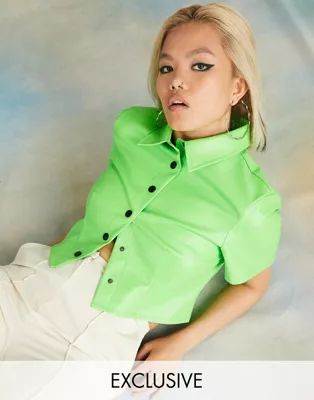 COLLUSION boxy short sleeve leather look shirt in green | ASOS (Global)