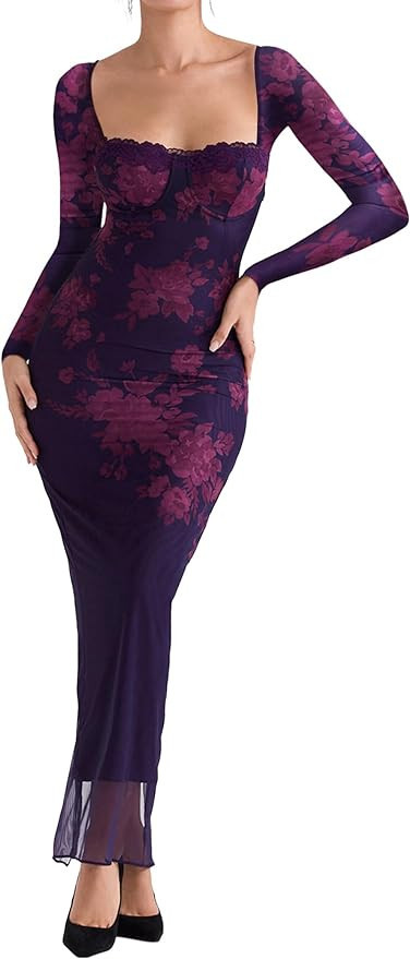 Women Sexy Backless Satin Maxi Long Sleeve Dresses Floral Print Dresses Slim Fit Elegant Long Dre... | Amazon (US)