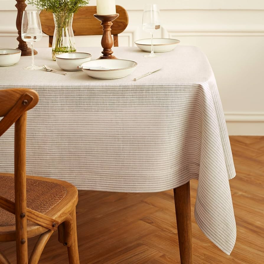 Solino Home 100% Pure Linen Tablecloth 60x108 Inch - Narrow Stripe Natural and White Cloth Table ... | Amazon (US)