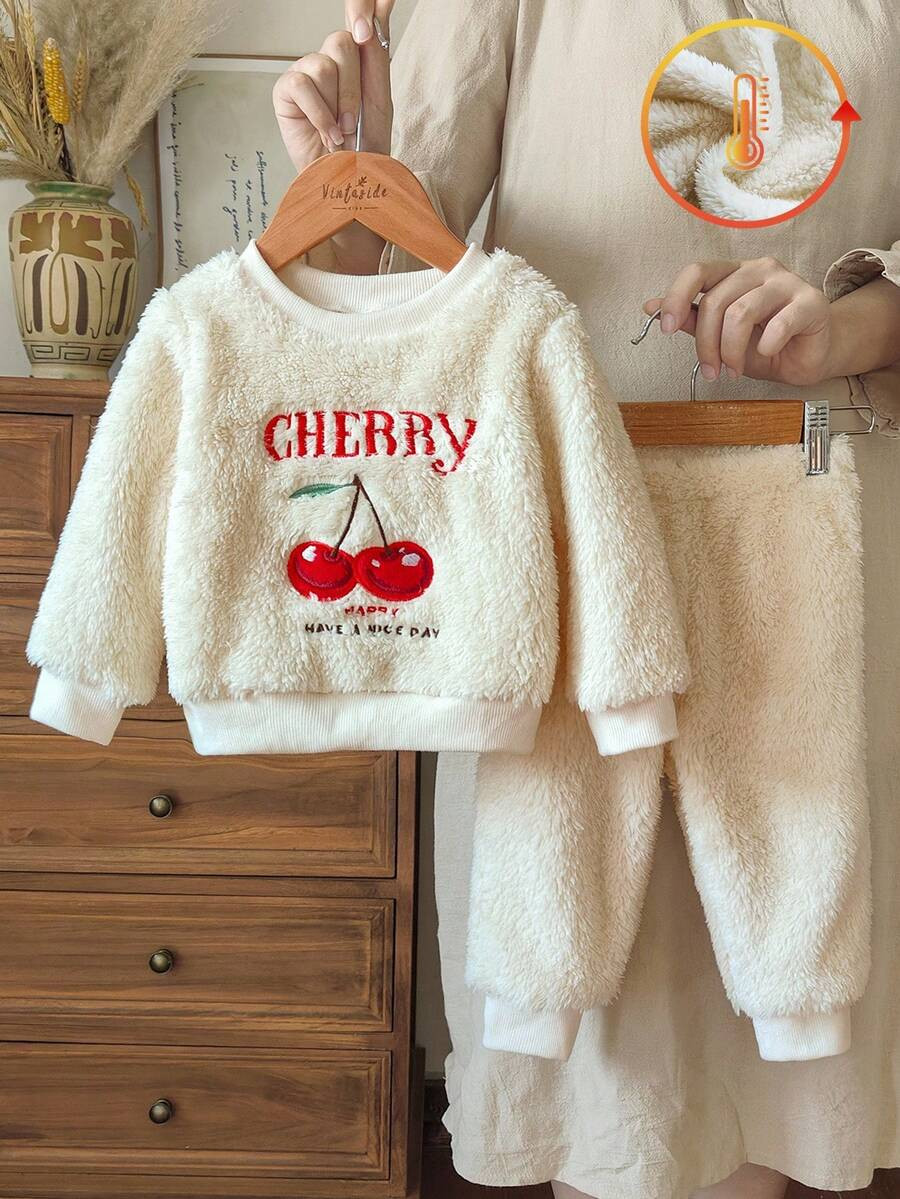 SHEIN Baby Girls' Fleece Cherry Print Sweatshirt & Pants Set, Autumn/Winter,Baby Girl Winter Clot... | SHEIN
