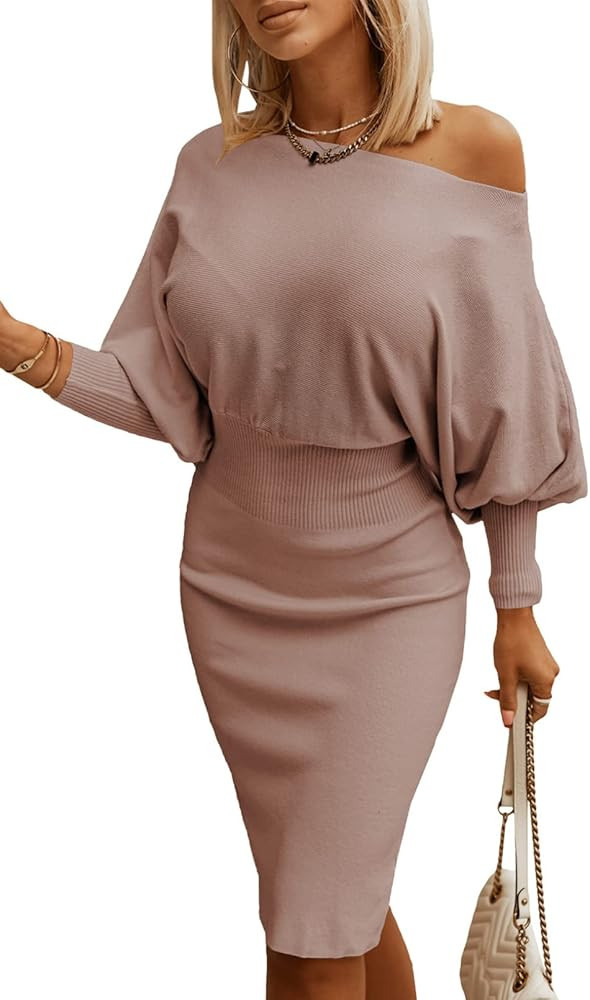 Dokotoo Women's Elegant Off Shoulder Long Lantern Sleeve Sweater Dress Elastic Waist Bodycon Mini... | Amazon (US)