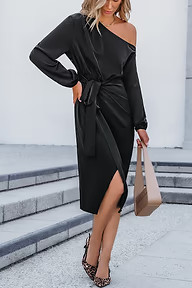 Black Asymmetrical Off-Shoulder Wrap Skirt Midi Dress | Cupshe US