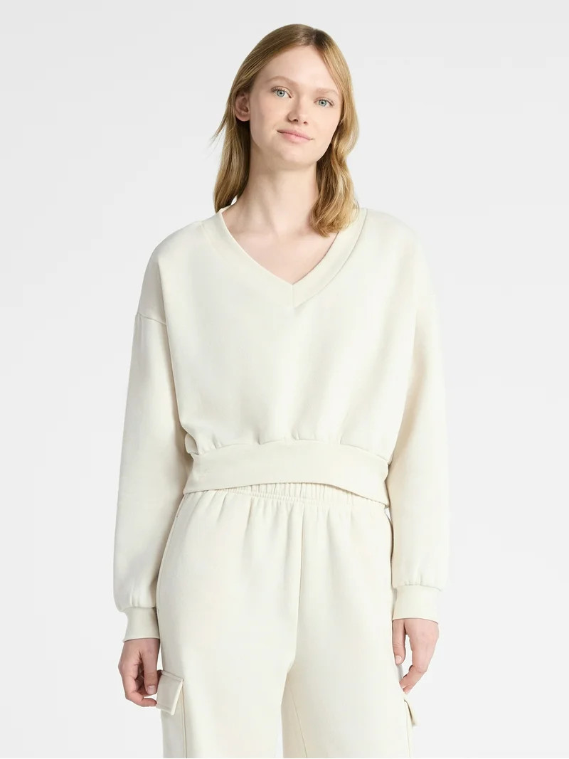 No Boundaries V-Neck Fleece Cropped Sweatshirt, Women's | Walmart (US)