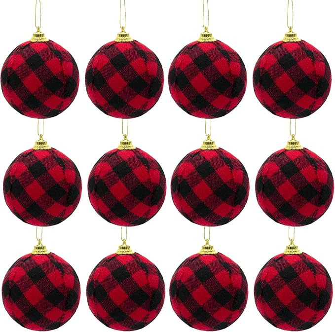 12pcs Christmas Ball Buffalo Plaid 2.4"/60mm Decorative Tree Hanging Ornaments for Party Holiday ... | Amazon (US)