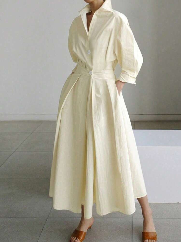 Spring And Summer New Style Solid Color Commuter Fashion V-Neck Waist Waist Large Swing Buttons Elegant | SHEIN