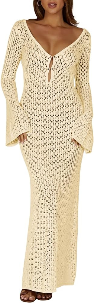 Saodimallsu Womens V Neck Crochet Maxi Dresses Bell Sleeve Bodycon Long Dress Hollow Out Summer B... | Amazon (US)