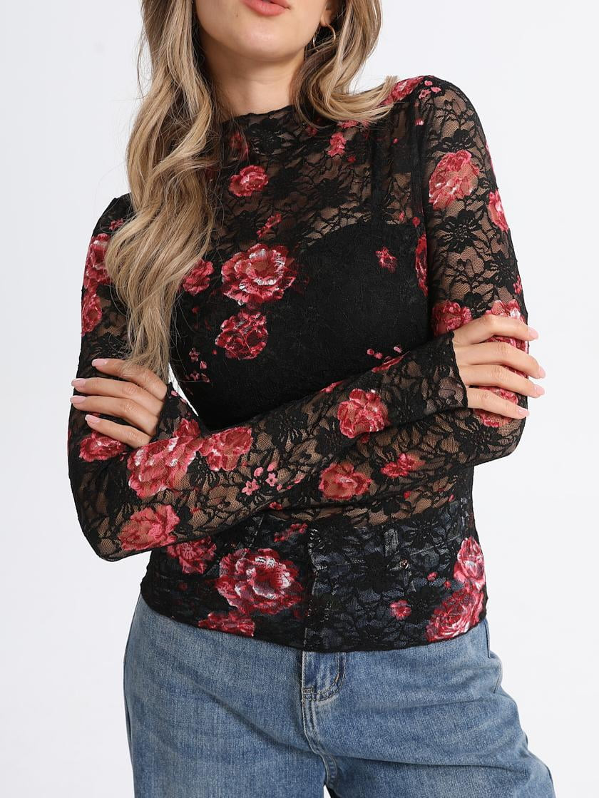 MINTREUS Lace Top with Long Sleeves Stand Collar Embroidered Floral Design Ideal for Parties and ... | Walmart (US)