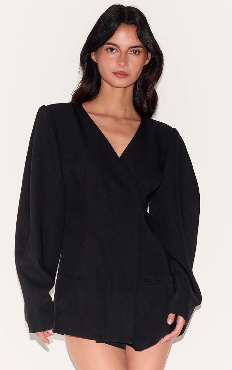 Black Cross Front Cocoon Sleeve Tailored Romper | Dresses | PrettyLittleThing US