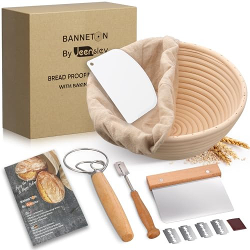 Jeensley Boxed Sourdough Starter Kit Bread Proofing Basket with Leaflet Round Banneton with Liner and Bread Making Tools Handmade from Quality Natural Indonesian Rattan Bread Making Accessories | Amazon (UK)