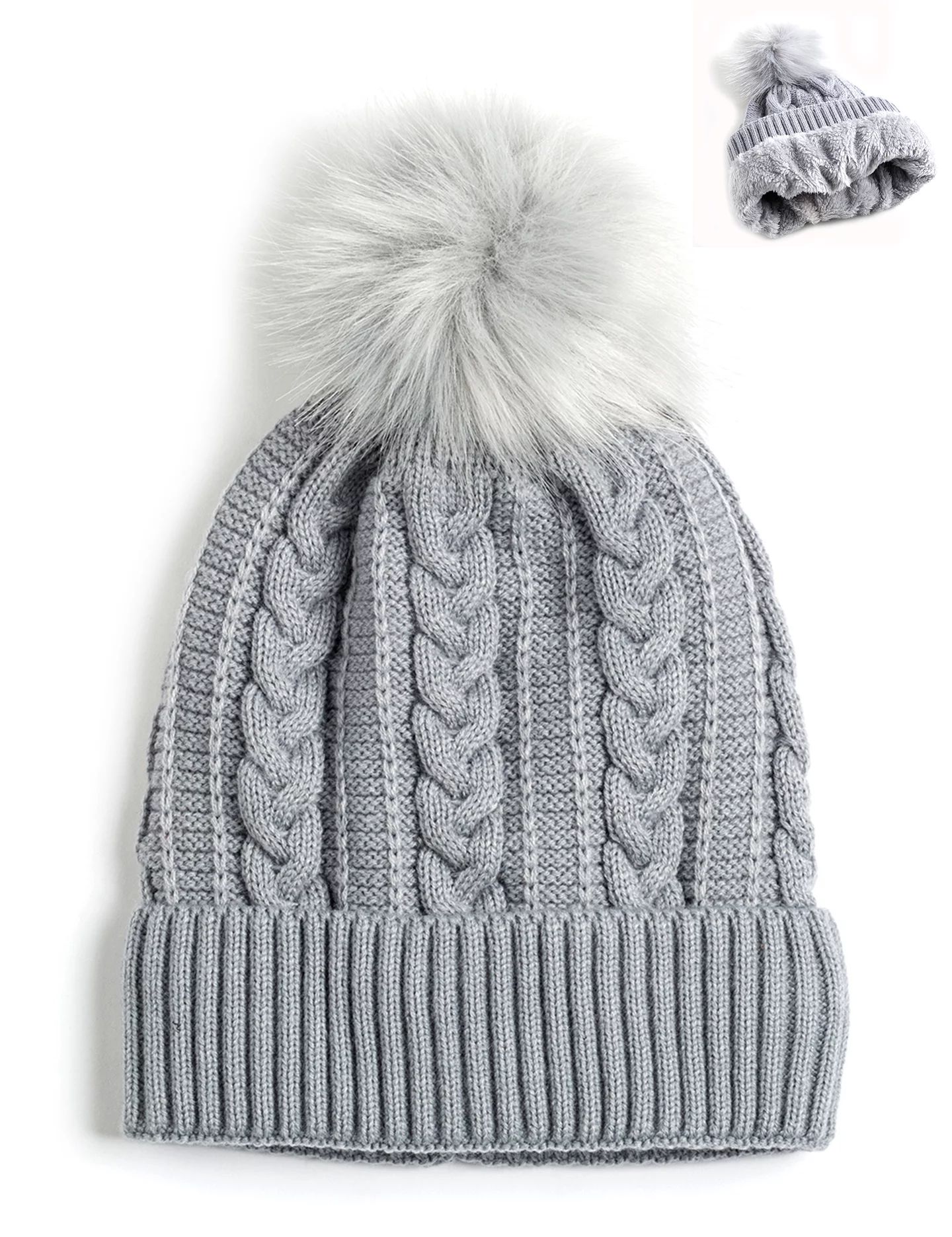 Newbee Fashion - Women Winter Faux Fur Pom Pom Beanie Hat with Warm Fleece Lined Thick Skull Ski ... | Walmart (US)