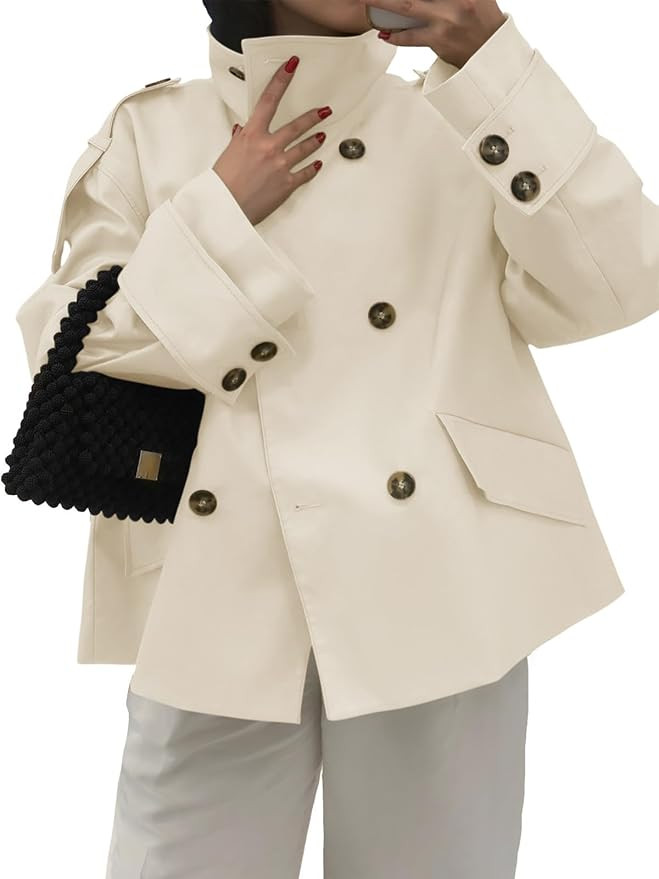 Tankaneo Womens Cropped Trench Coat Oversized Double Breasted Stand Collar Short Jacket Fall Casu... | Amazon (US)