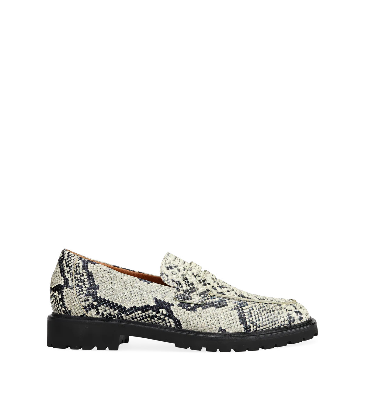 Elaenia Monochrome Snake Print Leather Loafers | Bared Footwear | Bared Footwear