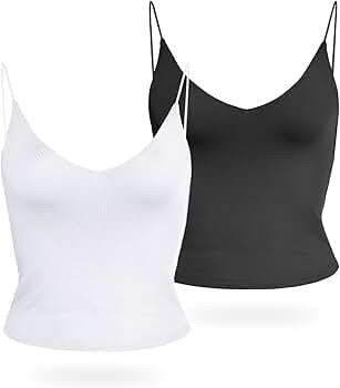Amilia Women's Basic Solid Deep V Neck Cami Spaghetti Double Layer Crop Tank Tops Casual Shirts | Amazon (US)