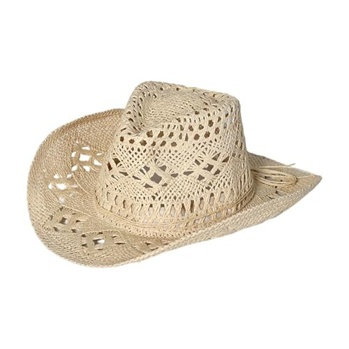 sxvbdway Straw Cowboy Hats Ventilated Hollow Round Foldable Sun Hats for Women Summer Western Cowgirl Beach Hat Photo Prop Beige | Amazon (US)