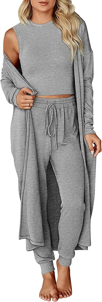 KIRUNDO 3 Piece Lounge Sets for Women Airplane Travel Outfits 2025 Fall Cardigan Sleeveless Top P... | Amazon (US)