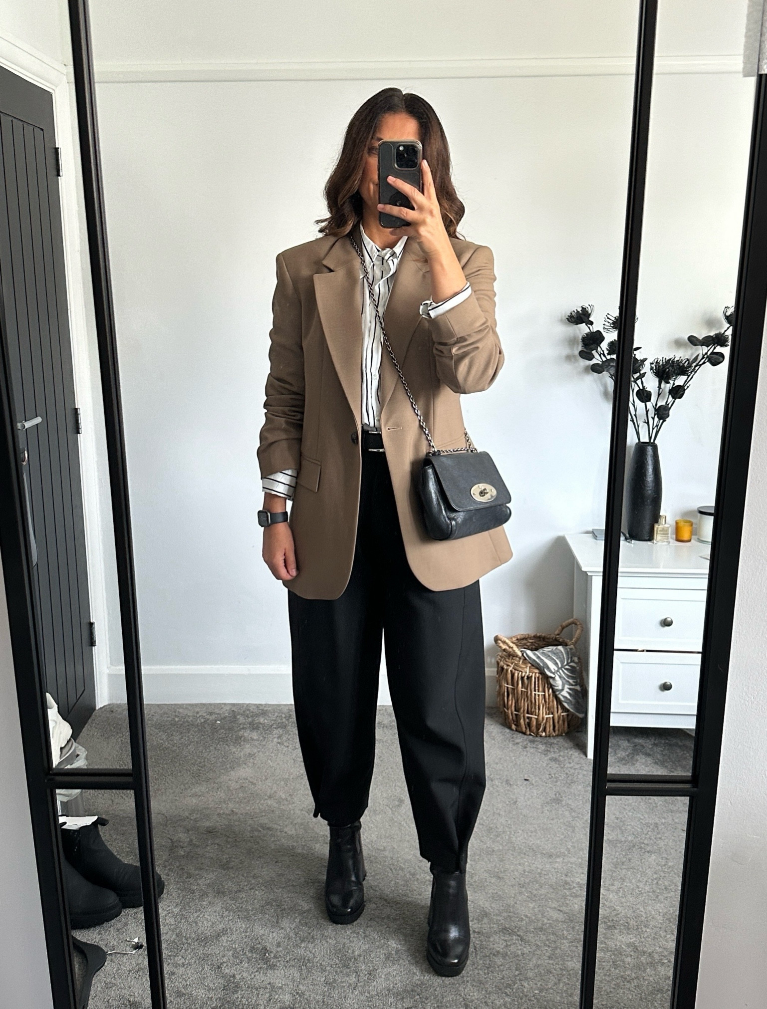H&m, Zara, Mulberry, Aldo, Mango, Cos, Theory, Asos, Schuh, transitional outfit, transitional style, autumn outfit, autumn fashion, brown blazer, oversized blazer, striped shirt, carrot fit trousers, black trousers, luxury bag, block heel boots, ankle boots, work wear, office outfits, office outfit ideas, style inspiration 

#LTKstyletip #LTKSeasonal #LTKeurope