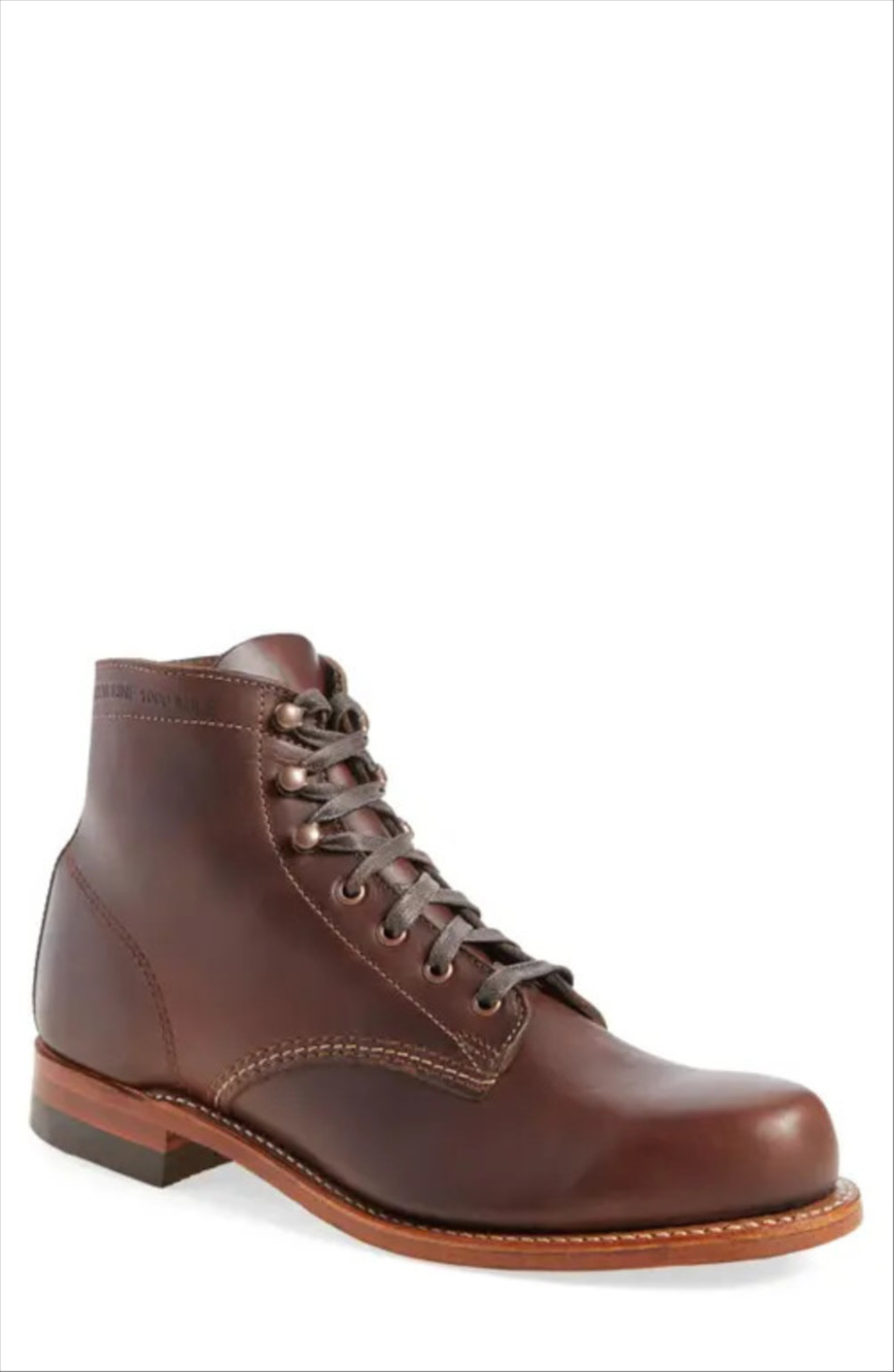 Brown leather lace-up service boots with Goodyear welt
