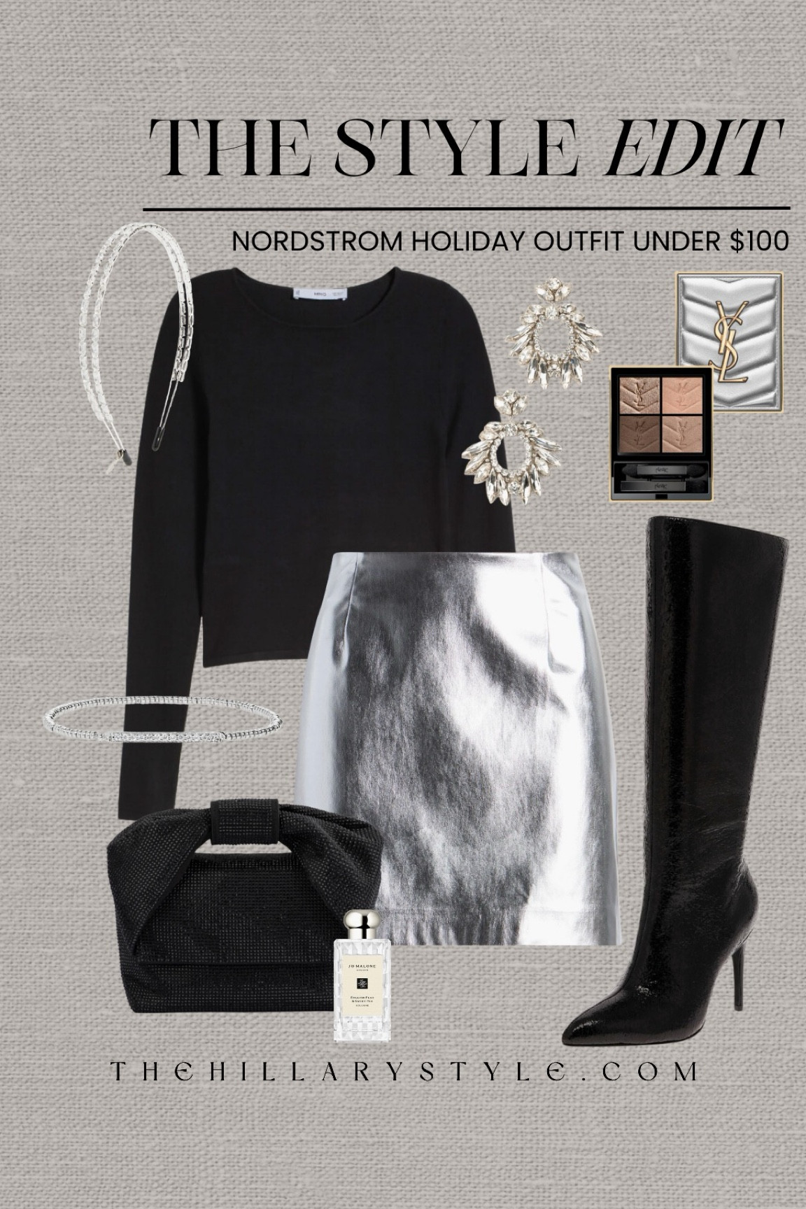 The Style Edit: Nordstrom Holiday Outfit Under $100
Silver metallic miniskirt, black sweater, black tall boots, black clutch, statement earrings, embellished headband, silver stretch bracelet, eyeshadow pallet, perfume. Mango, MIA, Olga Berg, Deepa Gurnani, Tasha, Jo Malone London, Yves Saint Laurent, Open Edit. New Years Eve outfit, holiday outfit, mini skirt outfit, NYE party, holiday party outfit.

#LTKFindsUnder100 #LTKHoliday #LTKParties