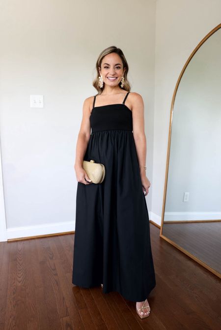 Petite-friendly wedding guest dresses 

Black Maxi Dress: xs - dress has a stretchy top with an empire waist and voluminous structured skirt. The straps are optional and adjustable. 

Gold sandals: tts 

#LTKWedding