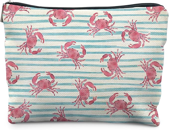 Beach Crab Makeup Bag for Women, Coastal Ocean Crab Striped Cosmetic Bags, Blue Summer Beachy Oce... | Amazon (US)