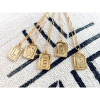 Vintage Inspired Letter Necklace Gold Square Initial Pendant Medallion Charm Personalized Jewelry Pa | Etsy (US)
