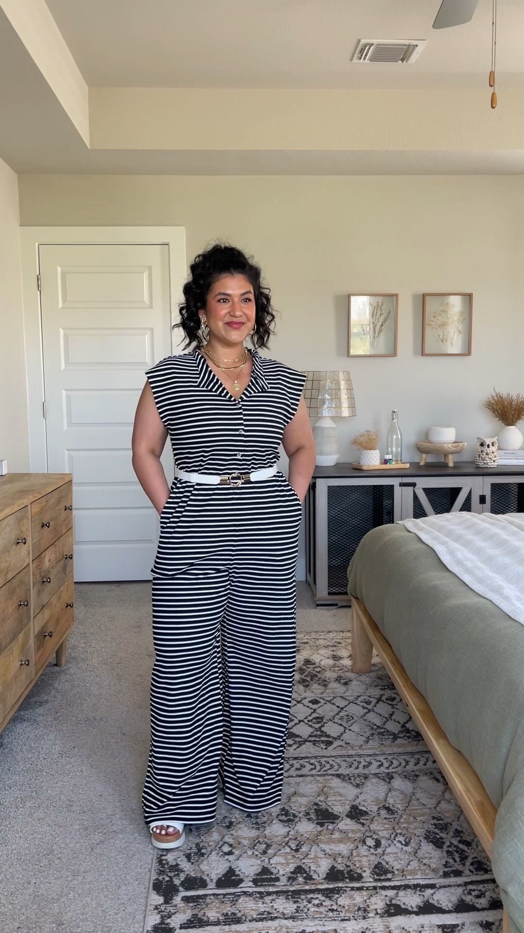 I’m 5’1” size 10-12, wearing a size large. Jumper comes in tons of cute colors. It is a little long on me so I’m wearing a 2.5in wedge sandal, but with the sandals it’s perfect. // belt is very stretchy and so easy to pop on and off. Wearing the size 30”-“37. // sandals are true to size and very comfortable for all day wear! 

#LTKPetite #LTKFindsUnder50 #LTKMidsize