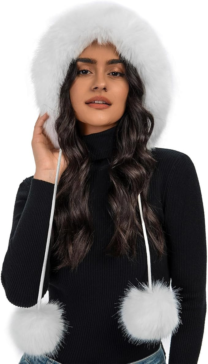 Womens Faux Fur Knitted Hat with Pompom Warm Skull Snow Cap Ear Cover Winter Beanie Hat for Women | Amazon (US)