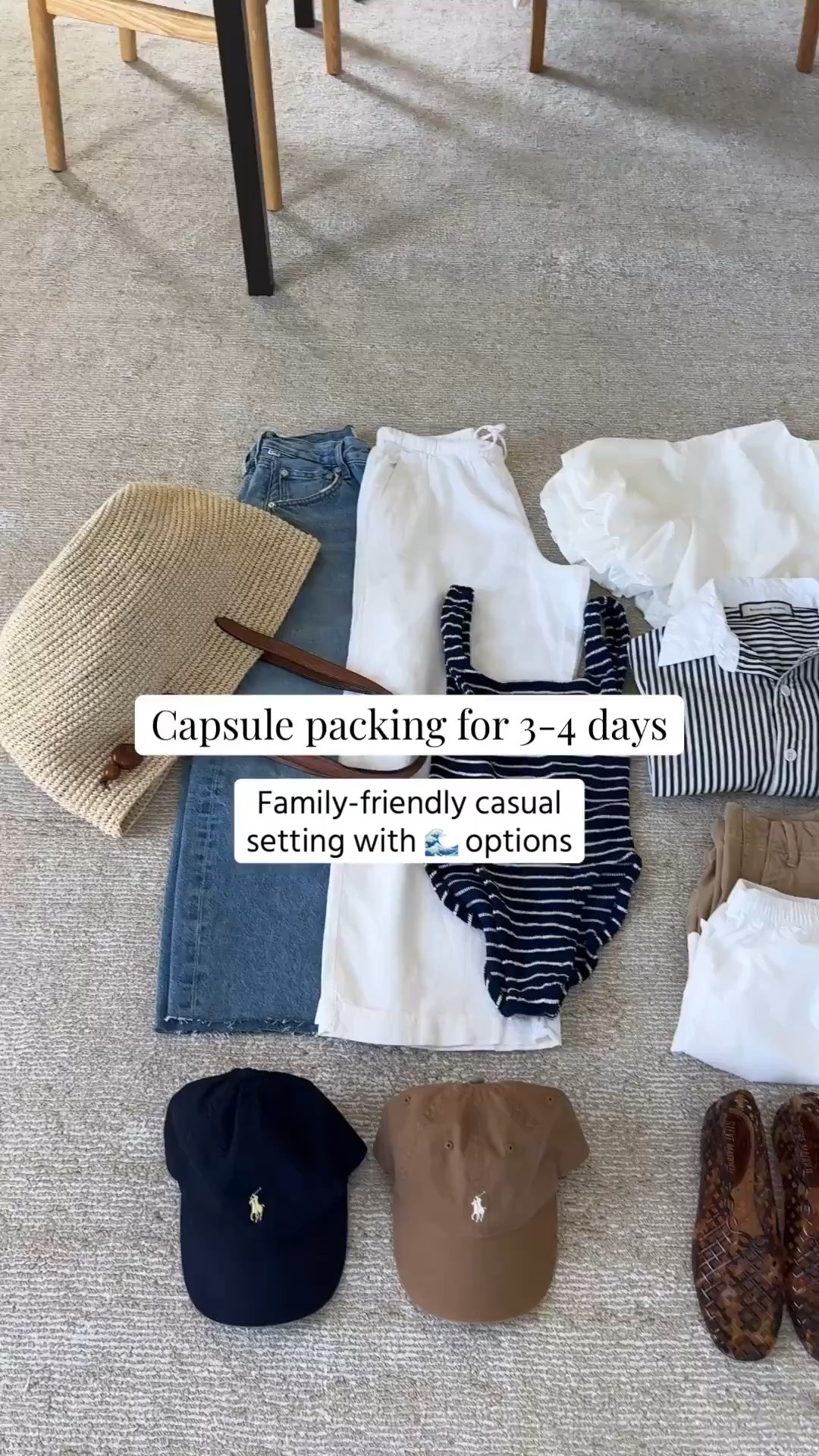 Your 3 day packing capsule that actually makes sense. Coordinate everything using the sandwich method to really minimize the bag and shoes. 

Pants/Jeans
Citizens of Humanity Ayla jeans 25
Gap Factory linen pants petite xs

Shorts
Everlane drapey shorts 2
Donni Boxer shorts medium

Tops
Zara crop voluminous top xs
Recreational Habits button up small
Madewell tee xs

Sweaters
Gap cotton sweater petite small
Everlane cotton sweater xs
Doen cardigan small
Banana Republic cashmere sweater tee medium (old)

Dress
Doen dress xs

Pj's/Leisure 
Gap pointelle top large
Gap pointelle bottoms petite small
Splendid linen pants xs

Bathing Suit
Hunza G One size

Bag
Hunting Season tote

Shoes
Steve Madden jellies 5
Ancient Greek sandals 35
Tkee Phoebe sandals 5

Hats
Polo Ralph Lauren hat navy
Polo Ralph Lauren hat brown

Vacation outfits, petite style, summer outfits 


#LTKSeasonal #LTKPetite #LTKmomlife