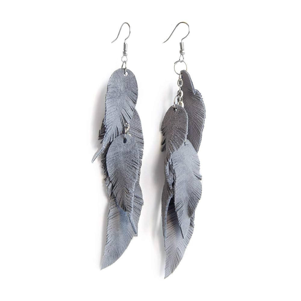 Grey Long Suede leather Feather Earrings, layered earrings, tribal, Boho, dangle | Amazon (US)