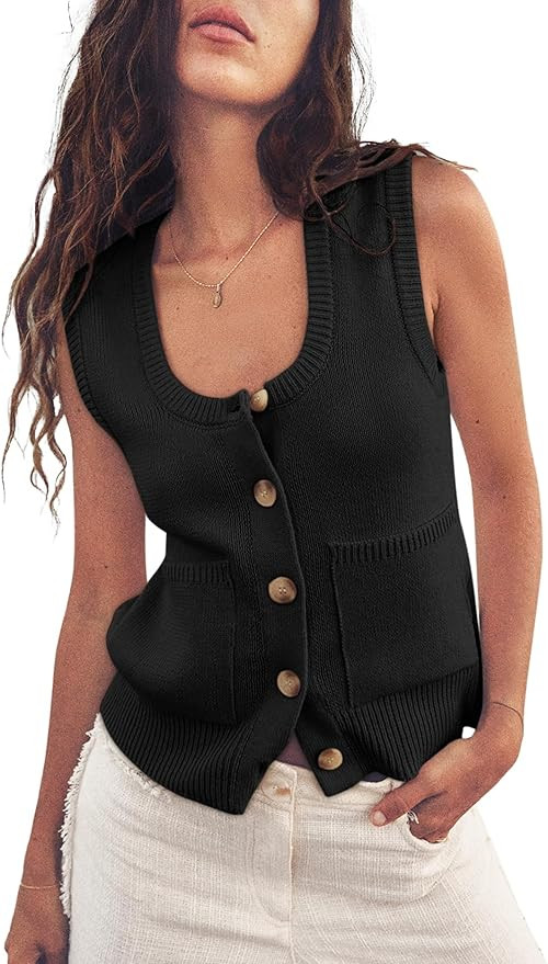 Yousify Womens Sweater Vest Summer Ribbed Tank Tops Sleeveless Button Down Shirts Scoop Neck Top ... | Amazon (US)