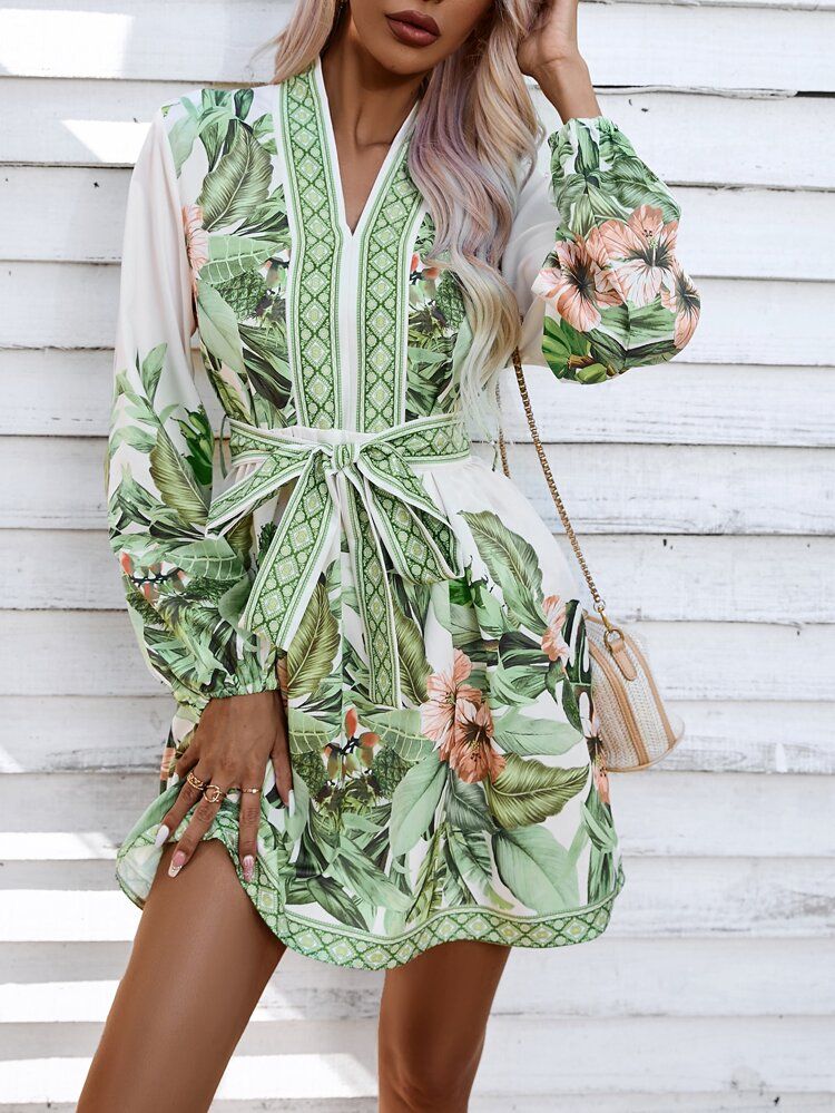 Tropical Print Lantern Sleeve Belted Dress | SHEIN