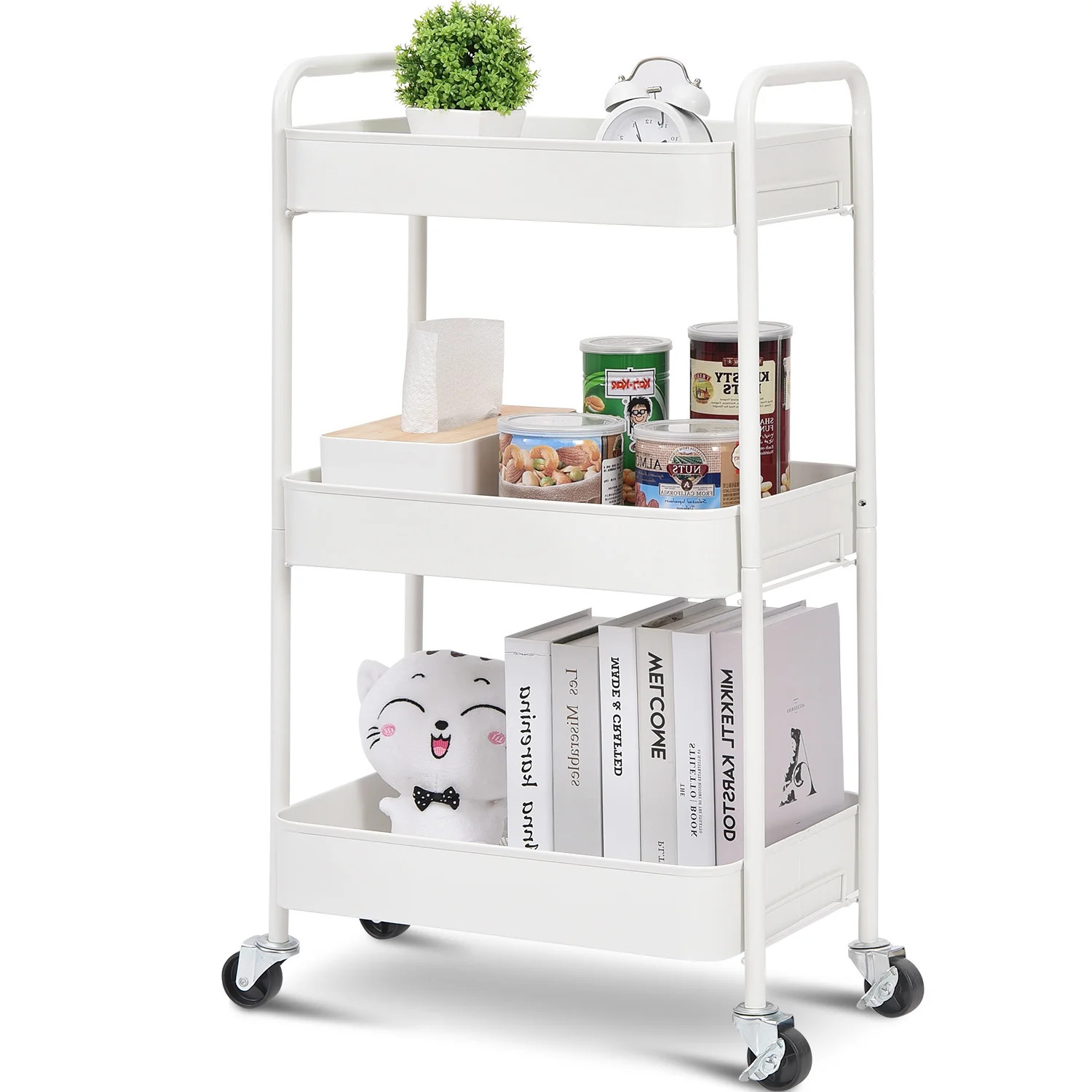 KK KINGRACK 3-Tier Rolling Cart, Metal Utility Cart with Wheels ,Office School Organizer, White | Walmart (US)