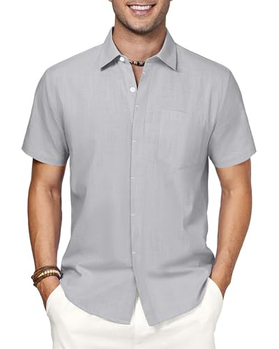Mens Button Down Linen Shirts Short Sleeve Shirt Button up Men's Beach Summer Shirt for Men Casual Vacation Hawaiian Dark Grey | Amazon (US)