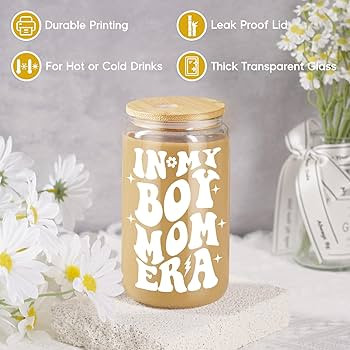 Fairy's Gift Boy Mom Era Iced Coffee Cup, Cute New Mom Gifts, 16 oz Coffee Glass Cups with Lids S... | Amazon (US)
