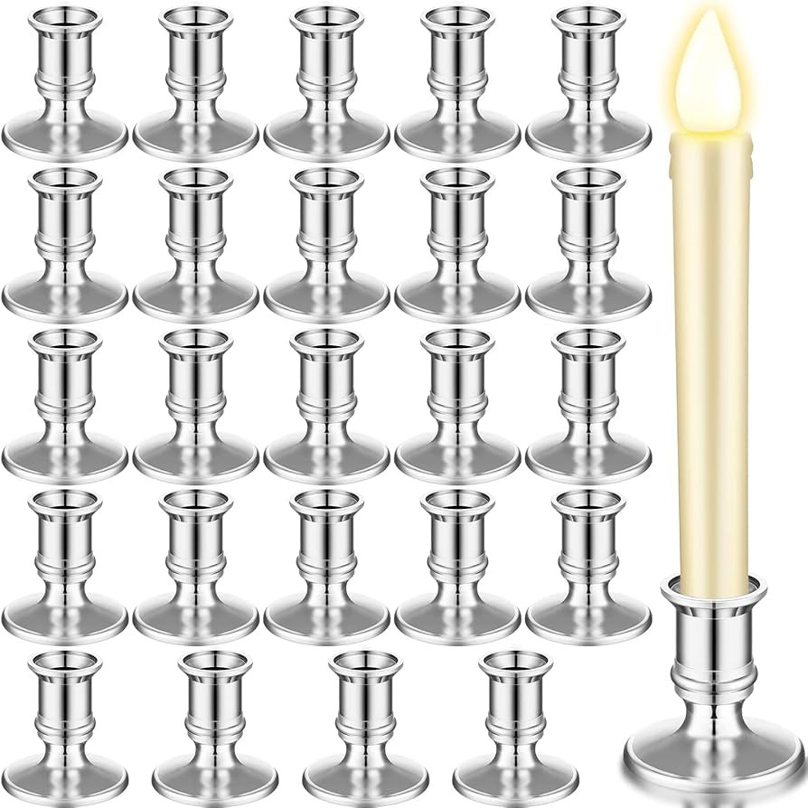 Window Candle Taper Candle Holders Plastic Traditional Candlesticks Only for Flameless LED Table Centerpiece Pillar Candle Holder for Halloween Christmas Wedding Dinner Tables(Silver,24 Pieces) | Amazon (US)
